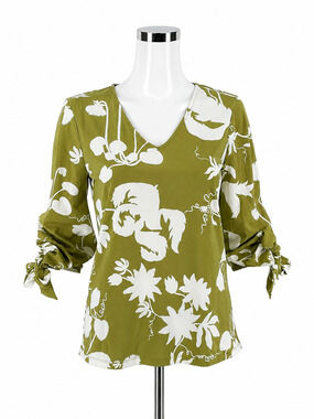 Ann Taylor Green Floral Tie Sleeve V-Neck Blouse Size XS